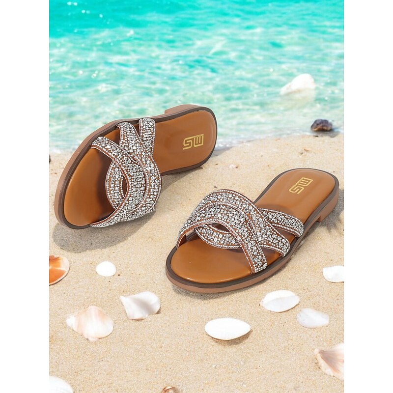 Women's Bohemian Rhinestone Flat Sandals – Sparkly Slip-On Beach Slides with Crisscross Straps for Summer & Casual Wear2
