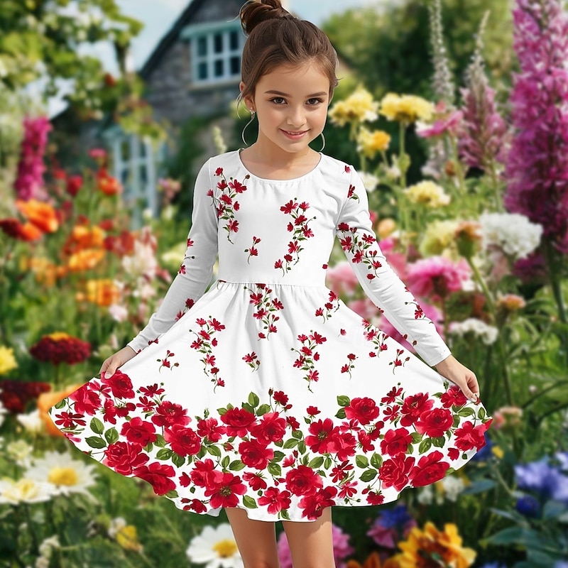 Easter Girls' 3D Floral Graphic Dress Long Sleeve Summer Spring Vacation Daily Holiday Princess Beautiful Sweet Kids 4-12 Years Casual Dress A Line Dress Knee-length Regular Fit2