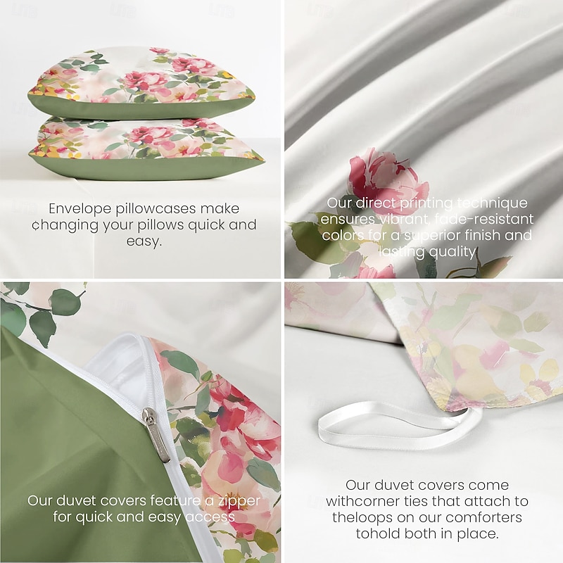 100% Cotton Floral Series Duvet Cover 3-Piece Set Short Fluff for Summer Soft Skin Friendly Comfy Lightweight Queen King Size4