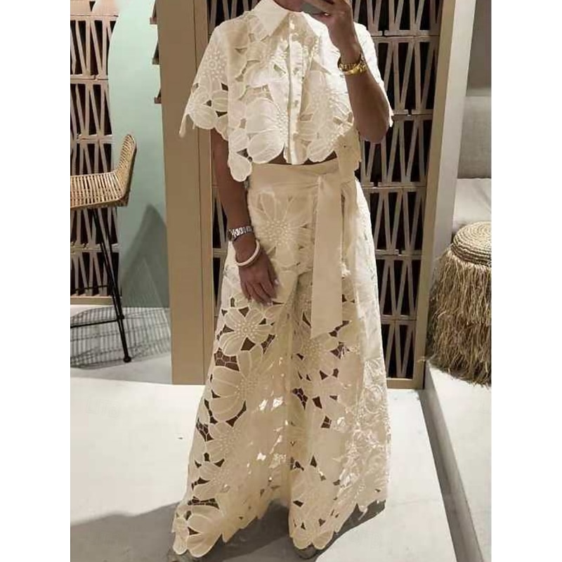 Women's Fashion Streetwear Daily Lace Shirt Wide Leg Pants Short Sleeve Shirt Collar Plain Lace Casual Daily Yellow Sky Blue Green Summer Regular Fit