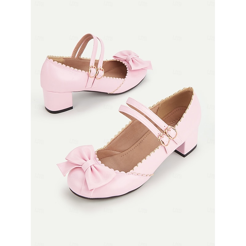 Women's Pink Mary Jane Heels with Double Buckle Strap and Bow Detail - Cute Retro Style Block Heel Shoes for Casual and Dressy Occasions