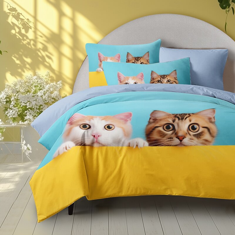 100% Cotton Duvet Cover Set Macaron Color Cat Pattern Comforter Set Soft Luxury Bedding Set Home Decor Dusk Bedding Gift King Queen Full Size2
