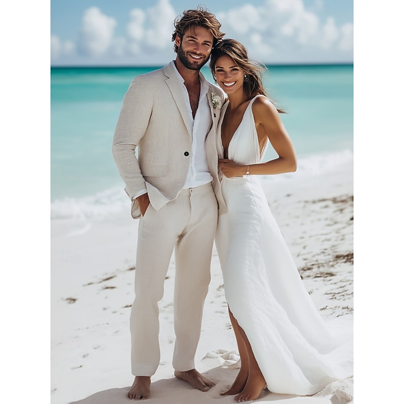 Men's Wedding Linen Suits Sky Blue Light Grey Daily Lightweight Solid Colored Standard Fit 2 Piece Single Breasted One-button2