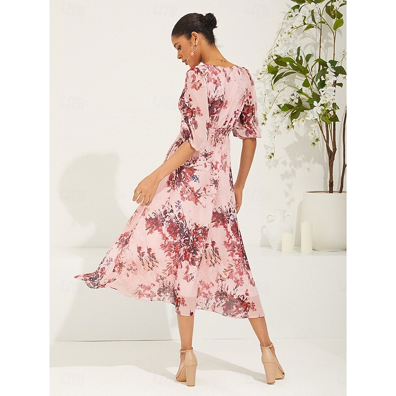 Women's Midi Dress Chiffon Dress Elegant Stylish Puff Sleeve Wedding Wedding Guest Daily Regular Fit Floral Half Sleeve V Neck Pink Summer Spring Fall3