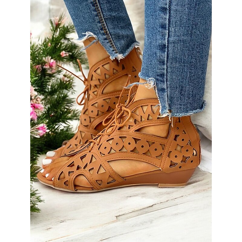 Women's Tan Cut-out Wedge Sandals with Lace-up Design – Comfortable Summer Footwear for Casual Outings2