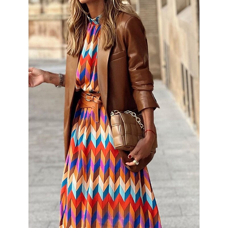 Women's Midi Dress Casual Dress A Line Dress Stylish Casual Vacation Daily Regular Fit Geometric Long Sleeve Stand Collar Rainbow Summer4