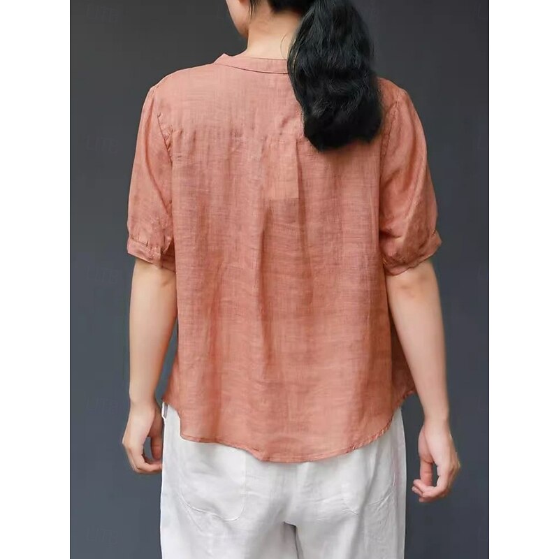 Women's Shirt Blouse Cotton Linen Shirts Solid Color Basic Casual Short Sleeve Notched Neck Regular Tops Daily Buttons Pocket Navy Blue Orange Summer Spring4