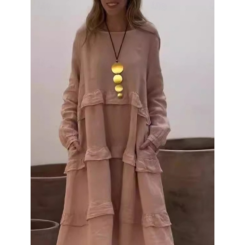 Women's Midi Dress Linen-Inspired Dresses Casual Dress Cotton Linen Dress Cotton Dress Basic Casual Vacation Daily Regular Fit Plain Long Sleeve Crew Neck Pink Green Apricot Summer Spring4