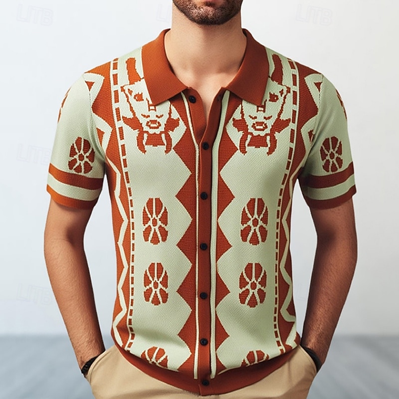 Men's Button Up Polos Golf Shirt Casual Sports Lapel Short Sleeve Fashion Basic Jacquard Buttons Summer Brown Button Up Polos