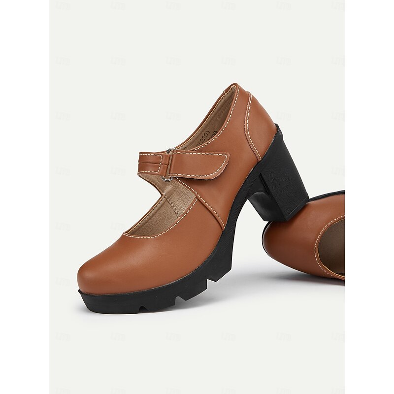 Women's Brown Mary Jane Heels with Velcro Strap – Comfortable Chunky Heeled Shoes for Casual and Everyday Wear4