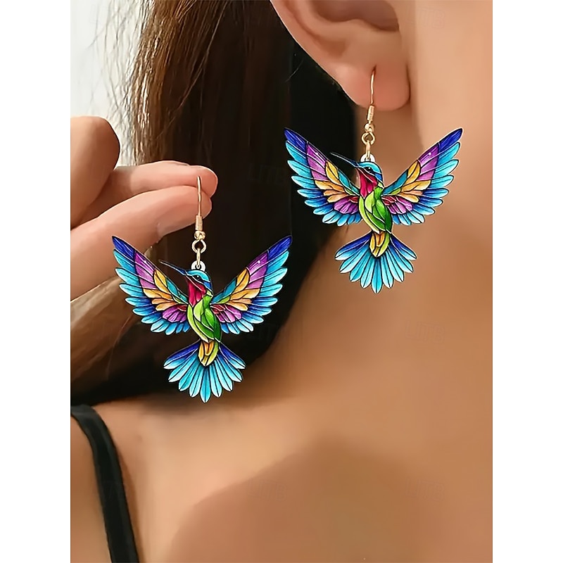 Colorful Hummingbird Dangle Earrings – Lightweight Stained Glass Design for Women, Perfect for Casual, Artistic Occasions and Vacation Wear