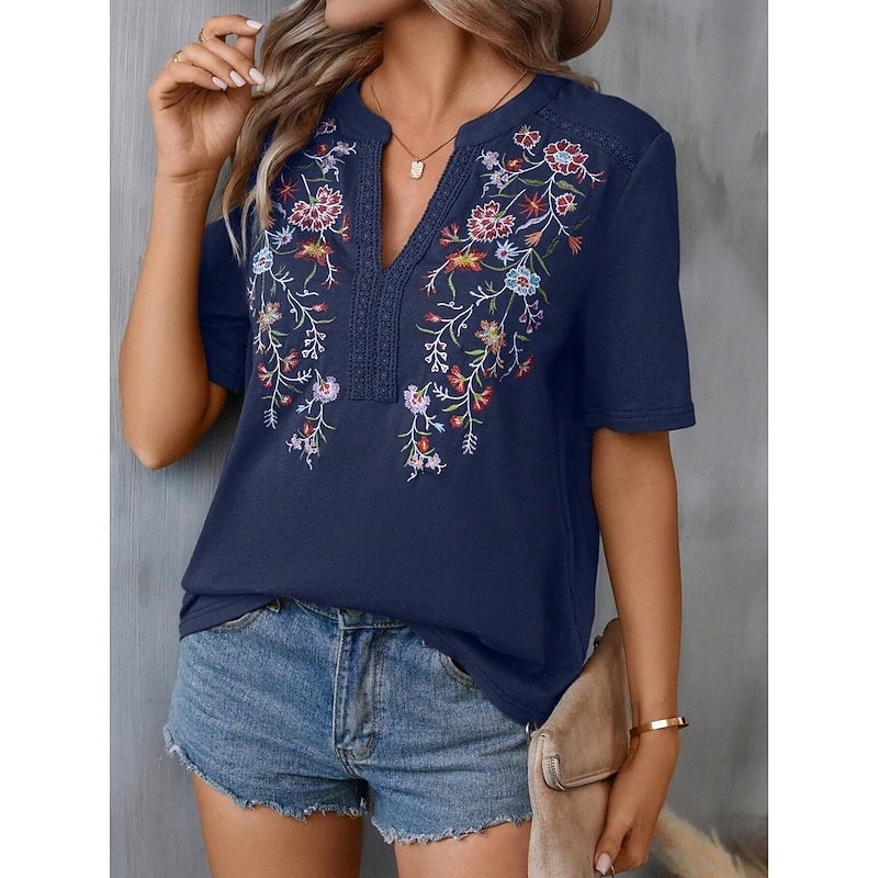 Women's Shirt Blouse Floral Stylish Casual Short Sleeve Notched Neck Regular Tops Daily Embroidered Army Green Navy Blue Summer