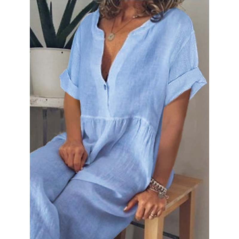 Women's Maxi Dress Cotton Linen Dresses Casual Dress Basic Casual Vacation Daily Regular Fit Plain Short Sleeve V Neck Black White Purple Light Blue Summer4