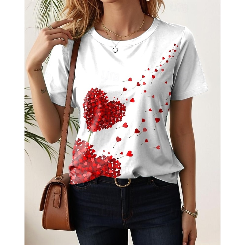 Women's T Shirt Heart Casual Short Sleeve Round Neck Regular Tops Daily Print White Summer