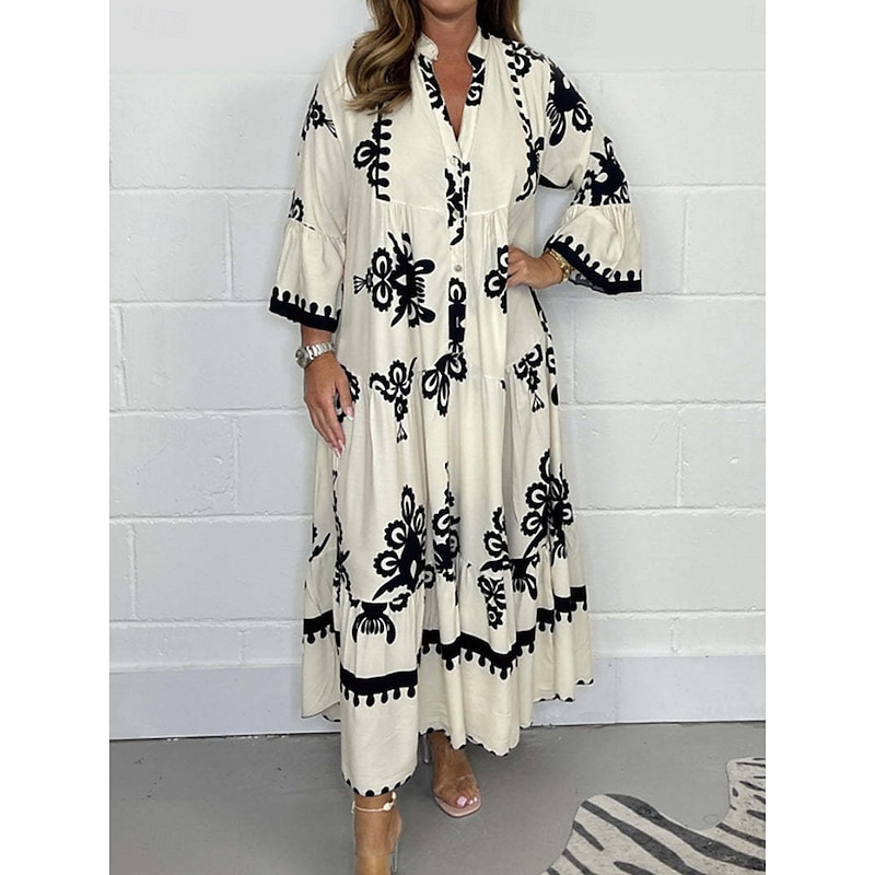 Women's Maxi Dress Casual Dress Boho Chic Dresses Boho Dress Bohemia Stylish Casual Vacation Daily Beach Loose Fit Graphic 3/4 Length Sleeve V Neck Black Red Green Beige Summer Spring