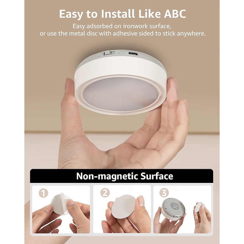 Rechargeable Puck Lights with Remote Control, 1600mAh Rechargeable USB, Battery Powered Cabinet Lights, Magnetic Stick-On LED Tap Light for Cabinets, Wardrobe, 1PACK3