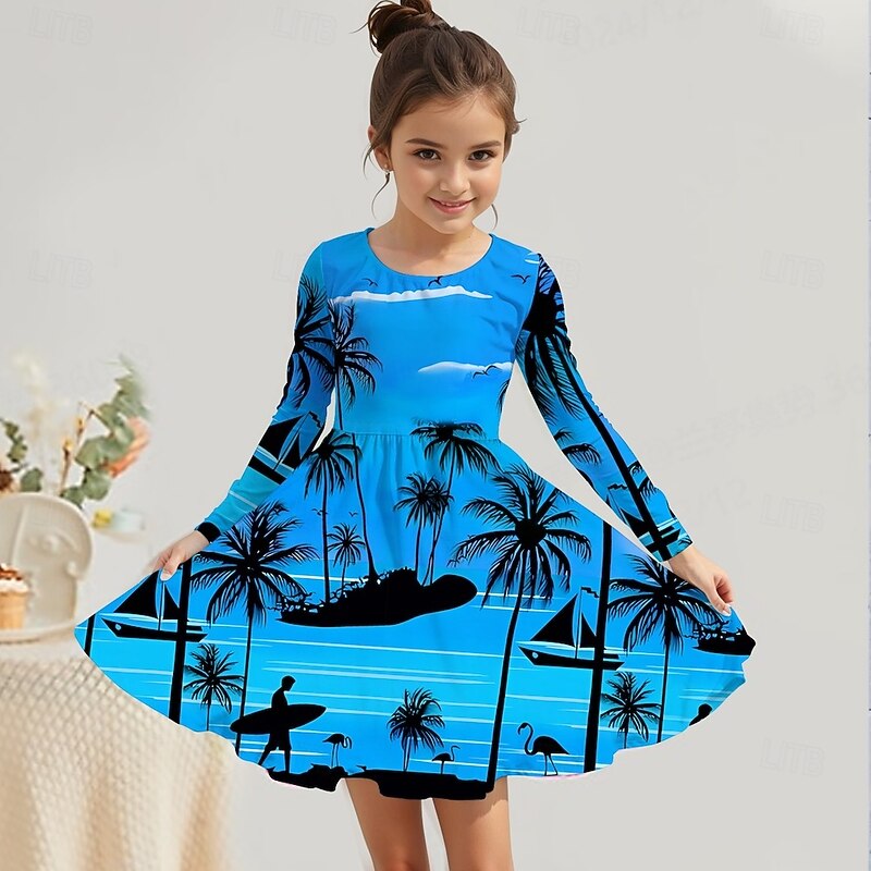 Girls' 3D Graphic Coconut Tree Dress Long Sleeve Summer Spring Vacation Daily Holiday Princess Beautiful Sweet Kids 4-12 Years Casual Dress A Line Dress Knee-length Regular Fit2