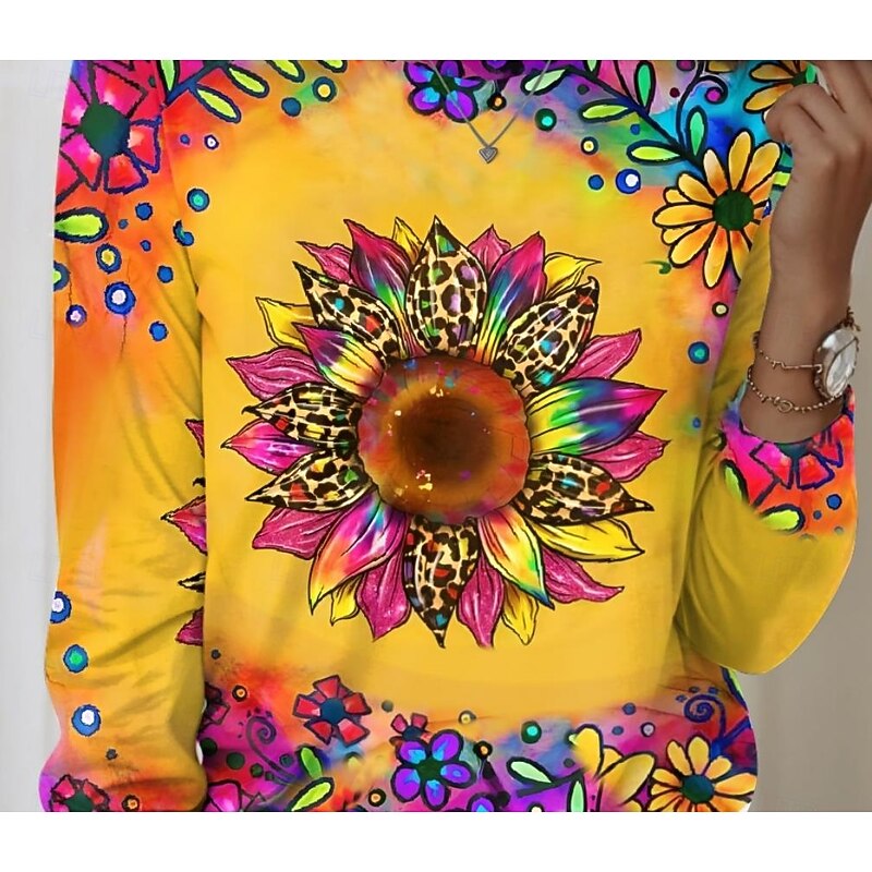 Women's T shirt Crew Neck Long Sleeve Tunic Sunflower Vintage Casual  Regular Tops Daily Print Yellow Spring Fall2