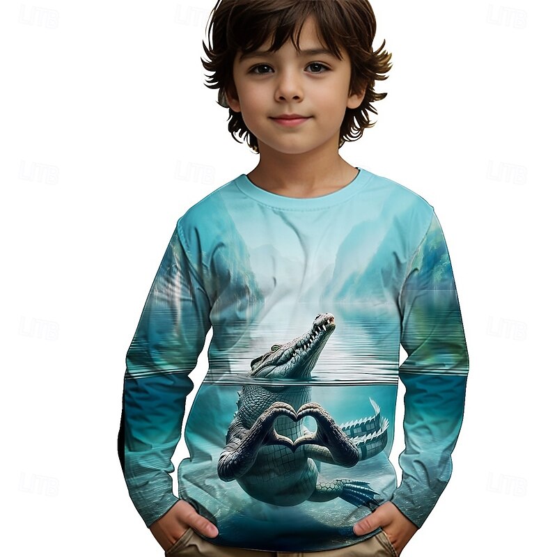 Boys' 3D Graphic Animal Crocodile T shirt Tee Long Sleeve Spring Fall Fashion Basic Kids 4-12 Years Crew Neck Outdoor Casual Daily Regular Fit