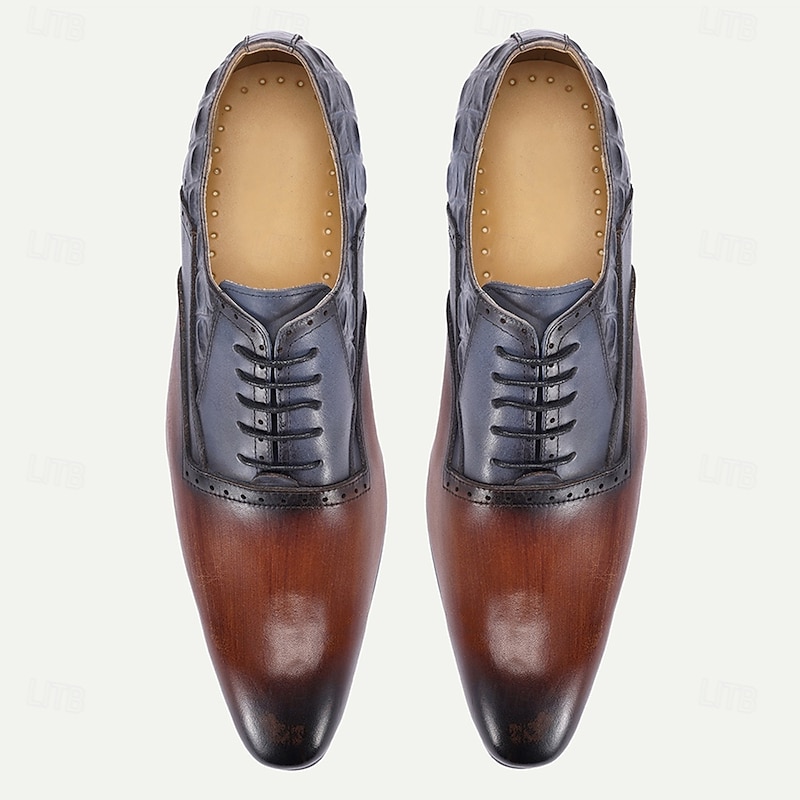 Men's Two-Tone Leather Oxford Shoes – Premium Cowhide with Crocodile Pattern, Lace-Up Design for Formal Business and Special Occasions4
