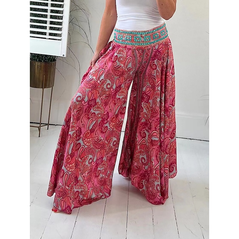 Women's Wide Leg Chinos Vacation Hawaiian Full Length High Waist Paisley Elastic Waistband Printing Comfy Soft Comfortable Micro-elastic Outdoor Street Red Green Summer Spring Regular Fit4
