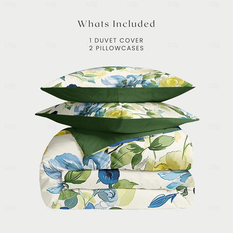 L.T.Home 100% Cotton Sateen Duvet Cover Set Reversible Premium 300 Thread Count Floral Elite Bedding Set4