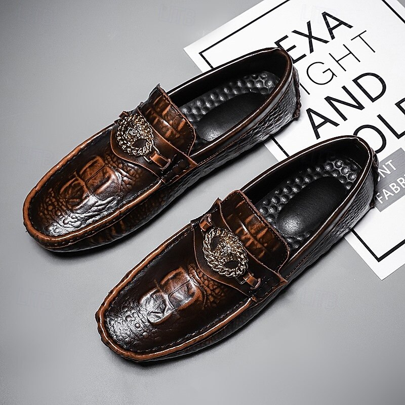 Men's Crocodile Pattern Faux Leather Loafers – Luxury Slip-On Dress Shoes with Metal Lion Decor for Formal and Casual Occasions4