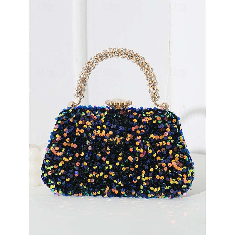 Women's Sequin Embellished Evening Clutch Bag – Vintage Glitter Handbag with Rhinestone Handle, Perfect for Weddings, Parties and Formal Events3