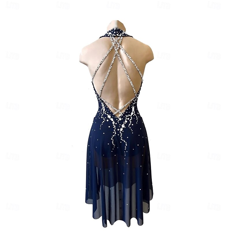 Figure Skating Dress Women's Girls' Ice Skating Dress Dark Navy Thumbhole Halo Dyeing High Elasticity Professional Competition Skating Wear Crystal / Rhinestone Sleeveless  Ice Skating Figure Skating3