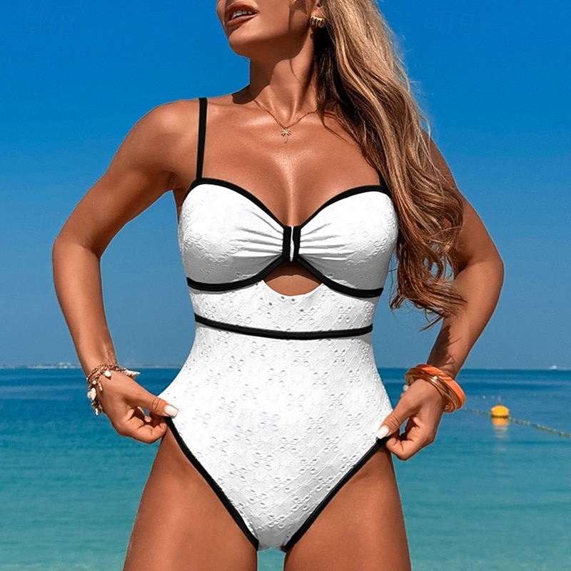Women's One Piece Swimsuit Deep V Cut Out Swimwear Patchwork Swimwear Black White Breathable Quick Dry Lightweight Sleeveless - Swimming Surfing Beach Summer Spring2