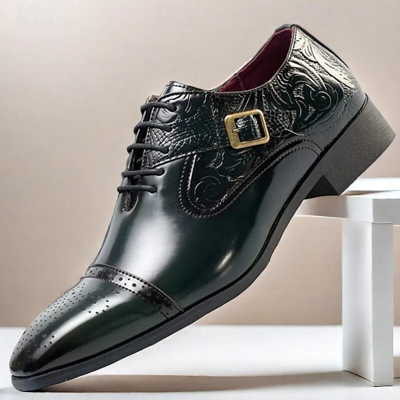 Men's Brown Embossed Faux Leather Oxford Shoes - Classic Lace-Up Design with Decorative Buckle for Formal Events and Office Wear2