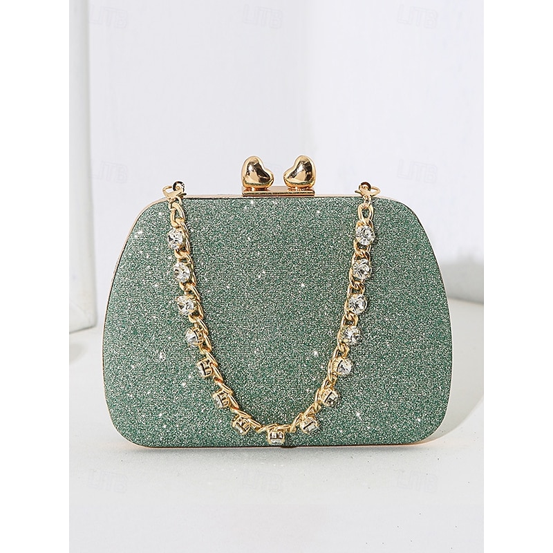 Women's Green Sage Glitter Evening Clutch with Rhinestone Chain – Elegant Handbag for Weddings, Parties and Formal Events Color Silver Black Pink3