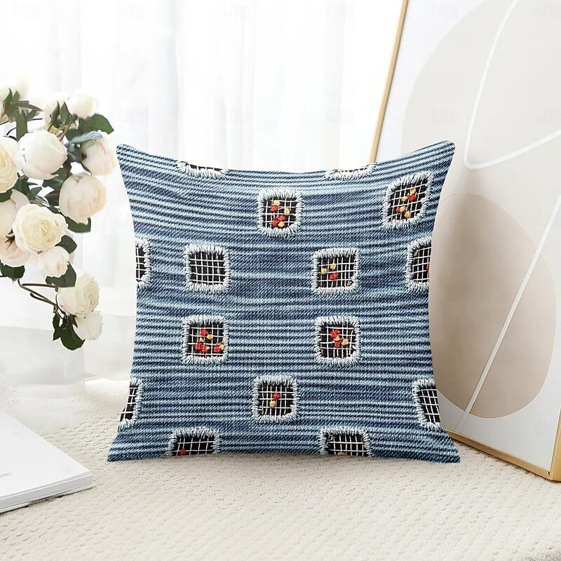 Vintage Decorative Toss Pillows Cover 1PC Denim Patch Soft Square Couch Cushion Case Pillowcase for Bedroom Livingroom Sofa Chair4