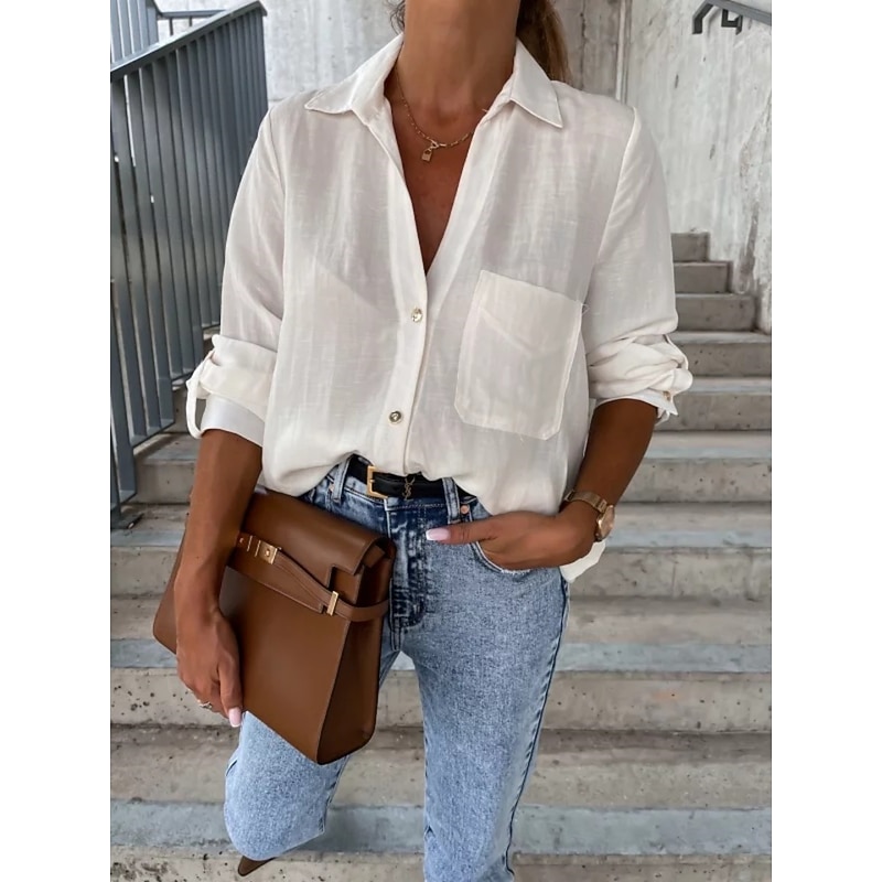 Women's Shirt Linen-Inspired Shirts Button Up Blouse Solid Color Stylish Casual Long Sleeve Shirt Collar Regular Tops Daily Buttons Pocket Black White Brown Khaki Summer Spring4