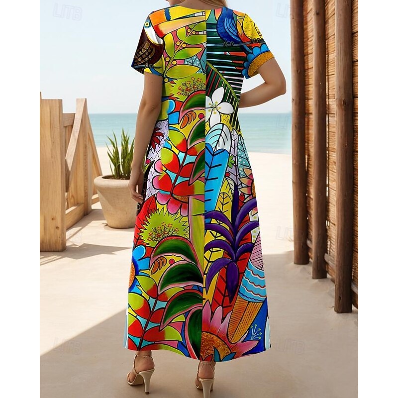 Women's Maxi Dress Casual Dress Sundress Shift Dress Streetwear Hawaiian Maxi Drop Shoulder Vacation Street Holiday Loose Fit Floral Animal Short Sleeve V Neck Pink Red Summer2