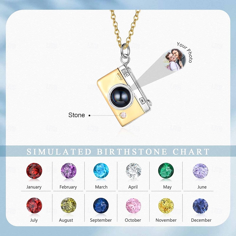 Personalized Photo Projection Necklace Custom Best Gift for Mom - Camera-Shaped Pendant with Projection Stone, Custom Wedding Gift for Couples, Birthstone Customization