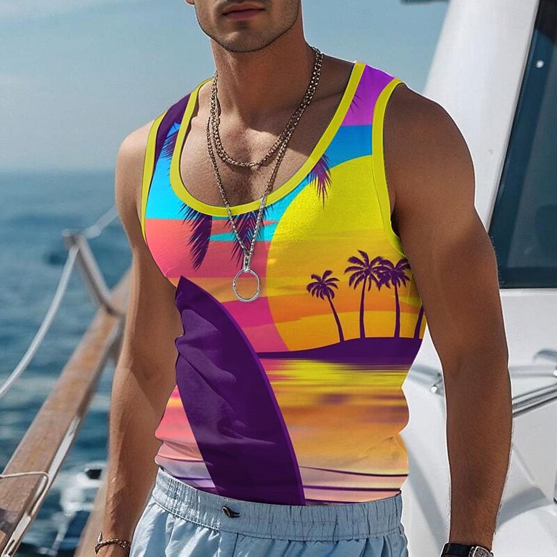 Men's Coconut Palm T Shirt Vest Top Sleeveless T shirt 3D Print Crew Neck Shirt Vacation Casual Hawaiian Holiday Yellow Summer Spring Clothing Apparel S M L XL XXL XXXL