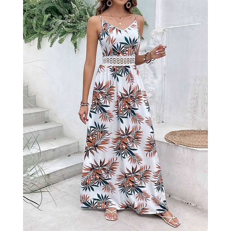 Women's Maxi Dress A Line Dress Floral Dress Summer Dress Cami Dress Elegant Stylish Vacation Daily Date Regular Fit Floral Sleeveless V Neck White Summer3
