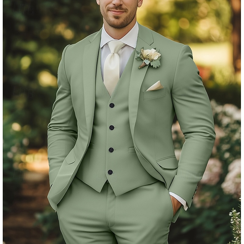 Men's Wedding Fall Wedding Suits Champagne Sage Fashion Formal Solid Colored Tailored Fit 3 Piece Single Breasted Two-buttons