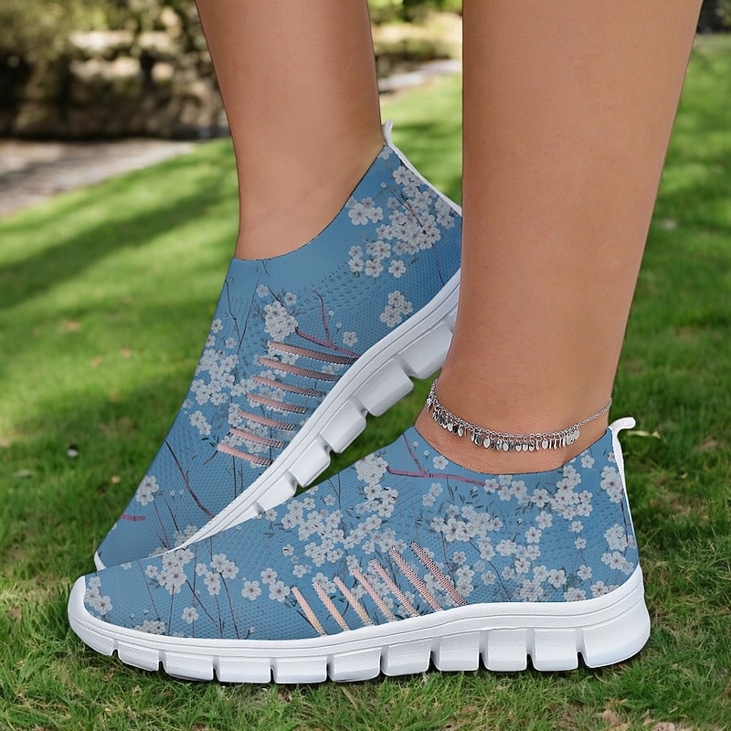 Women's Blue Floral Print Lightweight Slip-On Walking Shoes – Comfortable and Breathable Sneakers for Casual Wear and Outdoor Activities2