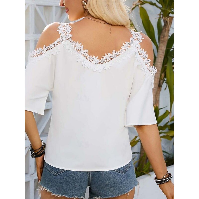 Women's White Elegant Lace Tops Eyelet Sexy Blouse Casual Solid Color Regular Tops Short Sleeve Strap Lace Patchwork Regular Fit Daily Romantic Petite Tops Summer Holiday Wear Black White2