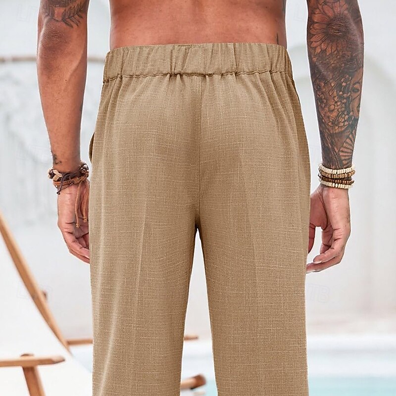 Men's Linen Pants Trousers Summer Pants Beach Pants Drawstring Front Pocket Straight Leg Plain Comfort Breathable Full Length Casual Daily Holiday Vacation Fashion Black White2