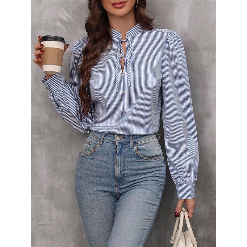 Women's Shirt Blouse Striped Stylish Casual Long Sleeve V Neck Regular Tops Work Daily Going out Patchwork Pink Blue Green Khaki Summer Spring Fall - Main Image