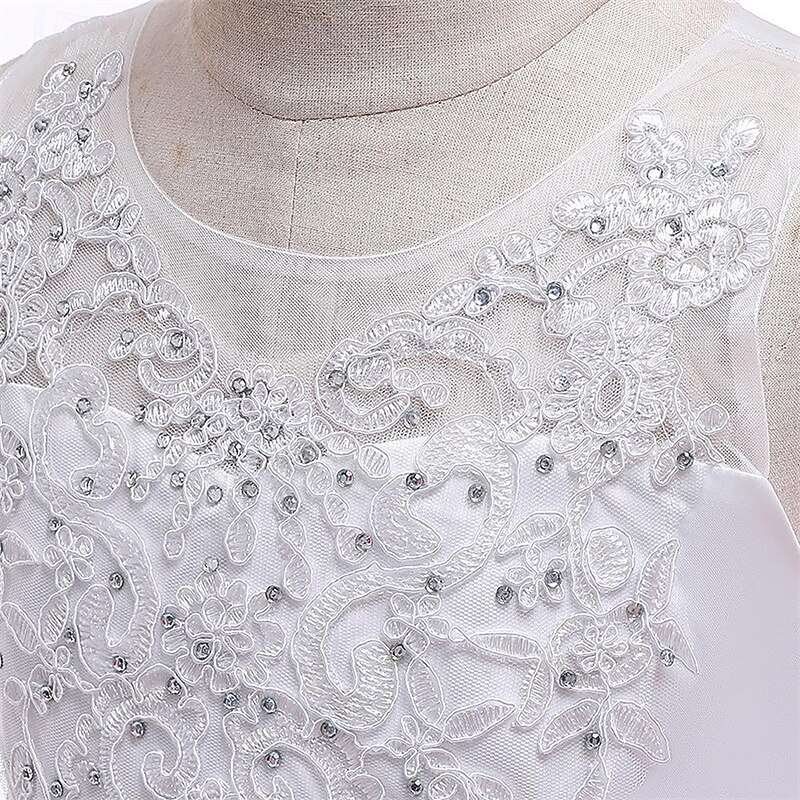 Flower Girl Dress Kid's Girls' Princess Dress Performance Wedding Party Elegant Beautiful Lace Mesh Solid Color Sleeveless Crew Neck White Champagne 4 years+4