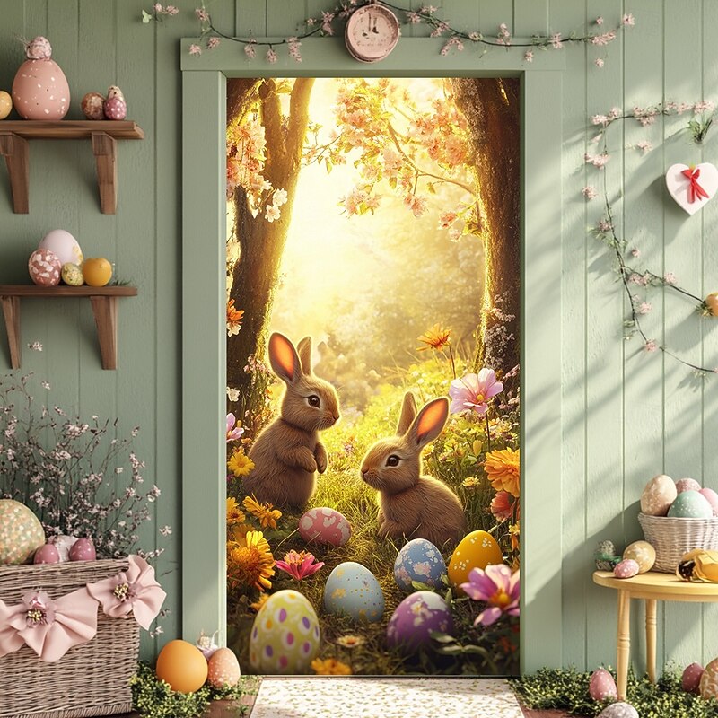 Door Decorations Door Covers Bunny Eggs Door Tapestry Door Curtain Decoration Backdrop Indoor/Outdoor Door Banner for Front Door Farmhouse4