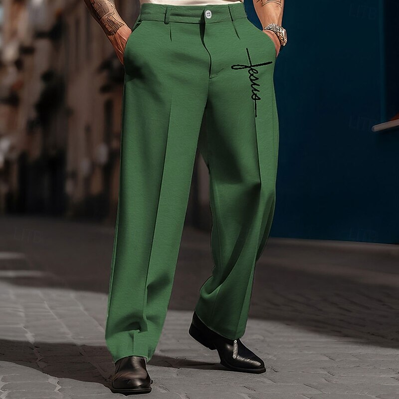 Faith Vintage Business Men's 3D Print Pants Trousers Outdoor Street Wear to work Polyester Black White Green S M L High Elasticity Pants3