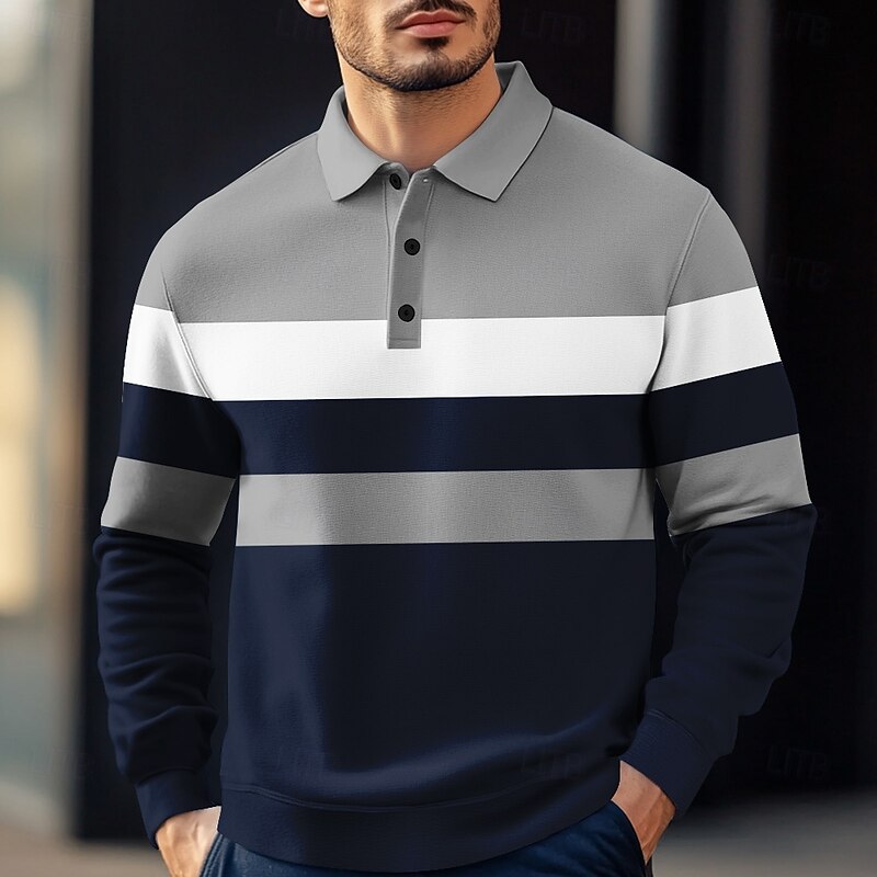 Men's Stripes Rugby Polo Cable Knit Polo Long Sleeve Polo Shirts Collared Shirts Casual Outdoor Athleisure 3D Print Spring Fall Winter Red Blue Brown