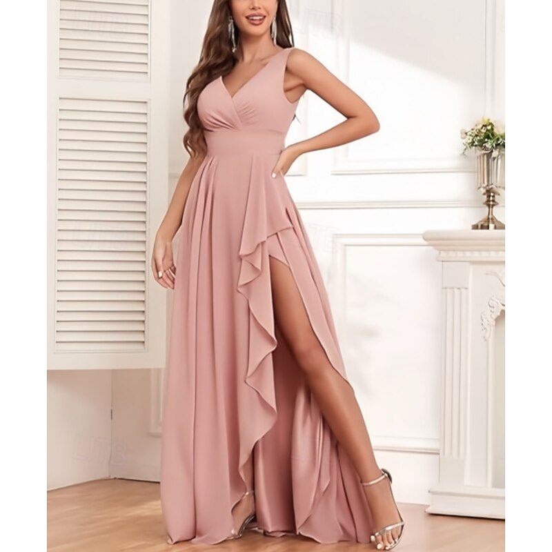 A-Line Bridesmaid Dress V Neck Sleeveless Elegant Floor Length Chiffon with Ruffles / Split Front / Ruching 20224