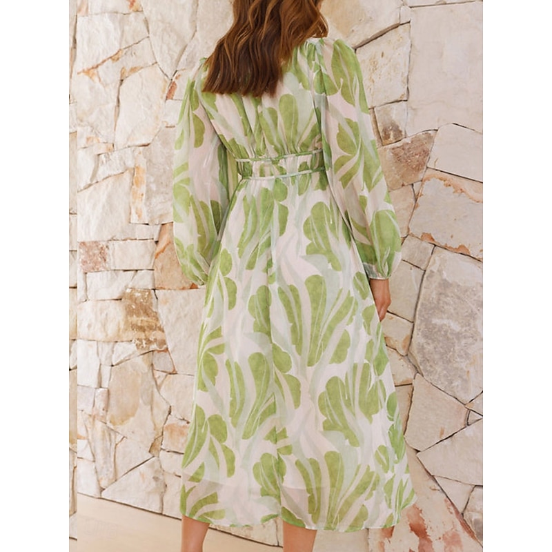 Women's Midi Dress Casual Dress Elegant Stylish Casual Vacation Party Daily Loose Fit Floral Long Sleeve V Neck Green Summer Spring Fall4