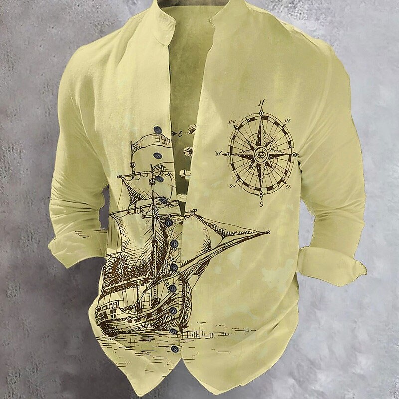 Men's Nautical Anchor Sailboat Shirt Button Up Shirt Long Sleeve Fashion Streetwear Designer Outdoor Casual Daily Summer Spring Fall Stand Collar Print White Khaki